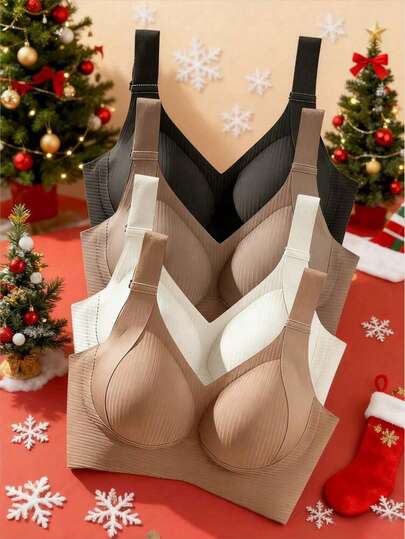 4-Piece Seamless Breathable Wireless Sports Bra For Women - Full Coverage Design, Anti-Slip Material, With Lifting And Support Functions, Comfortable To Wear, Ribbed Details, Made Of Nylon And Elastic Fiber Blend, Hand Wash. Elegant Solid Color Design.