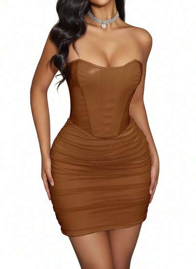 Blazique Yuwenier Rave Sexy Ruched Boned Mesh Splicing PU Leather Backless Tube Corset Festival Bodycon Dress Going Out Party Halloween Outfits For WomenNew Year