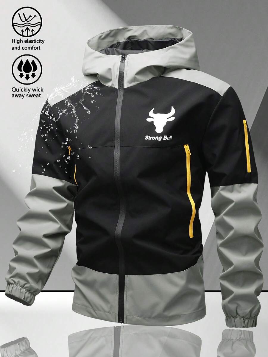 男士休闲拼接奶牛印花多拉链口袋设计多功能防风夹克 - 灰色 - 查看 1