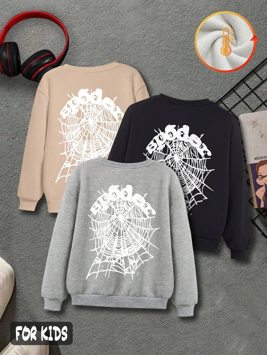 Boys' cotton black drop-shoulder sweatshirt, street-style cool spider web pattern top, loose-fitting casual sweatshirt, thick fabric warm round-neck sweatshirt for autumn and winter, leeren's flee-Crena's flee-d leeaut.com - 黑色+杏色+花灰色 - 查看 1
