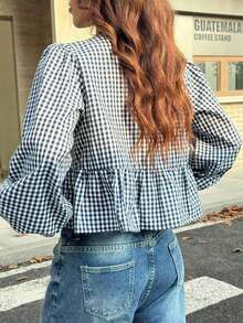 Plus Size Women's Round Neck Plaid Floral Bow Decor Lantern Sleeve Cute Shirt, Casual Campus Style For Spring - Black and White - View 3