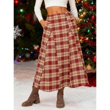 - Falda larga de franela a cuadros para mujer, cintura alta, acampanada, plisada, estilo casual, clsico, oficina, con bolsillos - Tartán rojo vino + G - Ver 3