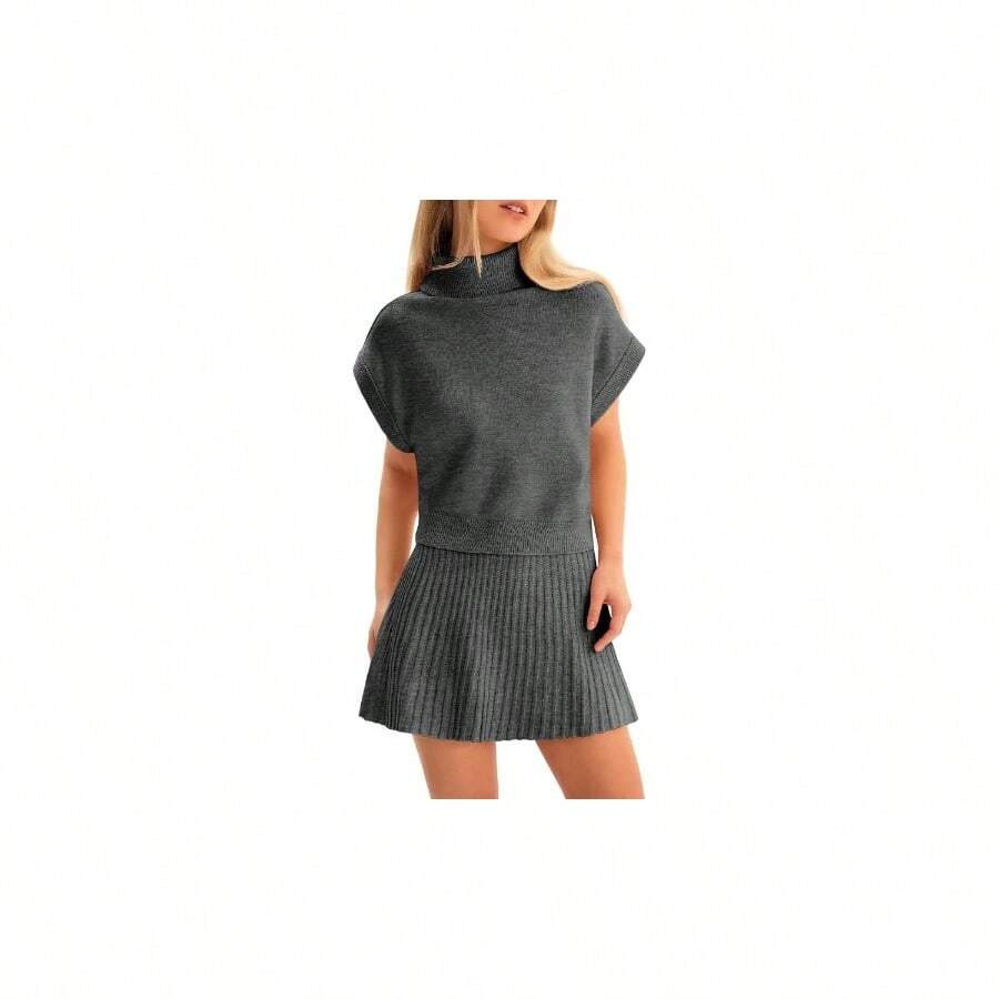 - Conjunto de falda de 2 piezas para mujer, conjunto de suter 2025 con cuello alto, manga casquillo y minifalda plisada, trajes de viaje - Gris oscuro + M - Ver 1