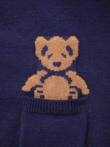 Baby Girls Blue Retro Elegant V-Neck Design Bear Pattern Knitted Cardigan Jacket With Dual Pockets, Suitable For Outings And Gatherings, Dignified And Steady Yet Chic - Navy Blue - View 5