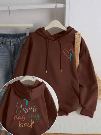 女士“耶稣与我同在”十字架字母印花连帽衫，休闲简约风格上衣，时尚女式上衣，适合日常外出，带有基督教元素，适合秋冬季节，抽绳休闲连帽套头衫。