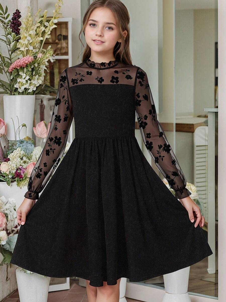 Kilottor Tween Girl Floral Flocked & Mesh Patchwork Party Dress - Black - View 1