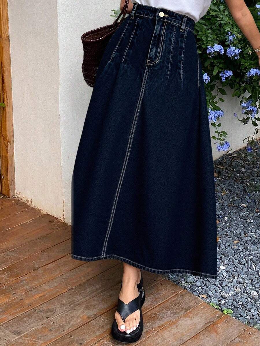 Livesso Falda vaquera casual de ciudad de talle regular para mujer alta - Azul lavado oscuro - Ver 1