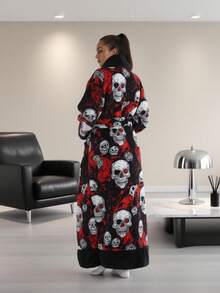 1pc Skull Print Casual Bathrobe, Soft Plush Thick Fleece, Unisex, Holiday Gift - Skull Without Hat - View 4