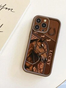 极简皮革马图案卡通马彩绘凹槽棕色加厚精密孔防摔加厚手机保护壳，兼容 17/17 Pro Max、16/16 Pro/16 Pro Max、16 Plus、15 XR/7/8、15 Pro Max、12 Pro Max、13 Pro Max、14 Pro Max、13、14、11、12、P14、P11、P12、XS、XR、7/8P、7/8G、ES2，兼容红米手机，国际版，非国内版，春季生日款 - 彩色 - 查看 2