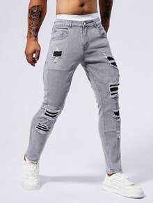 Ash Gray Washed Distressed Ripped Jeans, Niche Design, American Street Style, Long Pants For Men - Grey - View 4