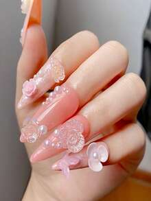 50克/袋（500-600颗）3D混合色粉色美甲饰品，多种形状，包括心形、花朵形、蝴蝶结形等，树脂材质，平底，水钻材质，适用于美甲DIY、工艺品制作、珠宝配件、美甲用品、美甲宝石等。 - 淺粉色 - 查看 5