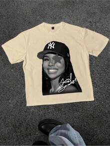 Plus Size Women T-Shirts Celebrity Graphic Printed Black T-Shirt, 100% Cotton 220g Casual Printed T-Shirt,Crew Neck Short Sleeve,For Going Out,Gift,Summer,Unisex - 杏色 - 查看 1