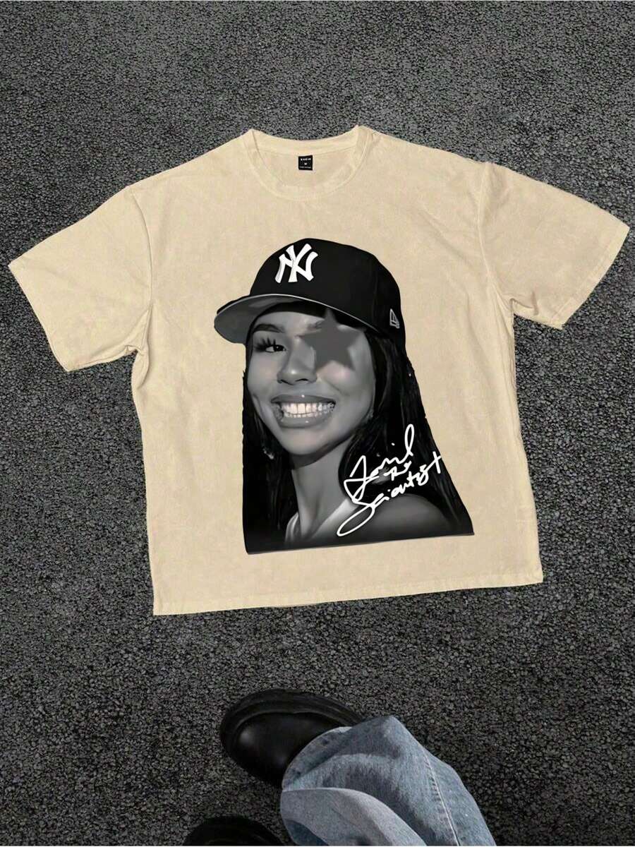 Plus Size Women T-Shirts Celebrity Graphic Printed Black T-Shirt, 100% Cotton 220g Casual Printed T-Shirt,Crew Neck Short Sleeve,For Going Out,Gift,Summer,Unisex - 杏色 - 查看 1