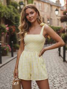 Women's Summer Spaghetti Strap Jumpsuit Sleeveless Wide Leg Plaid Shorts Overalls - Màu vàng - Xem 3
