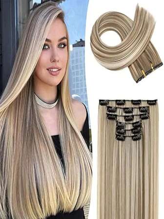 7 piezas, 16 clips, extensiones de cabello sintético recto de 24 pulgadas - extensiones con clip, peluca sintética ligera, adecuada para mujeres, accesorios para el cabello, Halloween, Navidad
