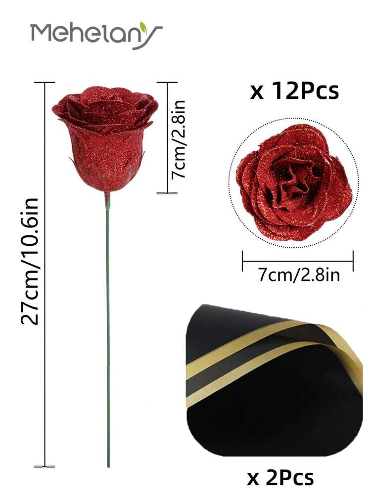 MEHELANY 20 piezas Ramo de rosas con brillo de 7 cm, ramo de flores artificiales con brillo DIY, flores falsas rojas, rosas artificiales, ramo de rosas artificiales brillantes eternas, adecuado para aniversario, compromiso, regalo de boda, decoración del hogar, decoración de oficina y cocina, decoración de fiesta, decoración de habitación, decoración del Día de San Valentín, decoración del Día de la Madre, regalo de cumpleaños para novia, mamá, damas (con papel de regalo) - Rojo - Añade 7
