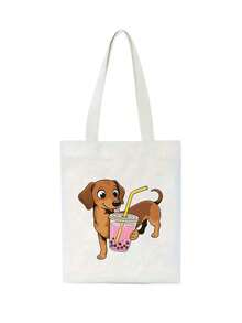 1pc Spacious Canvas Handbag With Cute Sausage Dog, Cute Puppy Print - Reusable Grocery Bag, Durable Shoulder Strap, Perfect For Shopping And Gifts, Women's Large Capacity Beach Shoulder Bag, Perfect Gift For Grocery Store Shopping And Daily Use, Suitable For Travel, School And Daily Commuting, The Best Gift For Dog Lovers