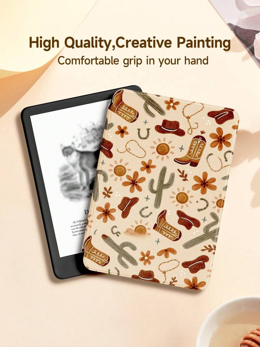 1pc Western Cowboy Pattern Protective Case Compatible With Kindle 2024, Kobo, Kindle NK 11/Kindle Kids Edition/Kindle Paperwhite 5, E-Book Reader Cover With Auto Wake/Sleep Function, Lightweight And Slim Fit To Protect Your Reading Device - Pink - View 1