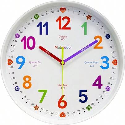 HAWTColorful Teaching Wall Clock 8 Inch Learning Classroom Clock Battery Operated Silent Analog Clocks For Bedroom Classroom Decor Homeschool Supplies Telling Time Teaching Clocks For