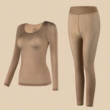 2-Piece Women's Thermal Underwear Set For Autumn And Winter: Women's Top + Pants Adult Round Neck Underwear Set - 棕色 - 查看 6