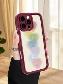 1 pieza Funda de teléfono con diseño de corazones degradados y palabras positivas como "Lucky", "Happy", "Love" y "Smile" en estilo dulce y moderno ideal para amantes del arte femenino y la energía positiva TPU soft case, protección completa antideslizante y anti-caída, compatible con iPhone17 ProMax/16/15/14/13/12/11/Plus/Pro/ProMax, compatible con Galaxy A34/A35/A54/A55, Galaxy S20/S21/S22/S23/S24/S25 Ultra/Plus, compatible con Galaxy/Redmi/Honor/OPPO/ViVo - Burdeos - Ver 2