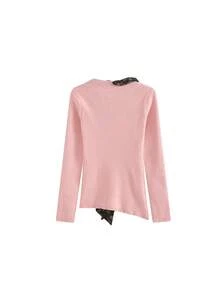 New Korean Design V-Neck Pink Knit Sweater, Slim Fit Base Layer Long Sleeve Top, Autumn/Winter - Pink - View 5
