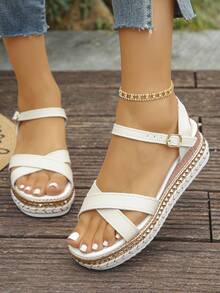 Women's Rivet Decor Criss-Cross Strap Buckle Beige Platform Wedge Sandals, Fashionable Wedge High Heels, Resort Style For Summer Daily Wear - Beige - View 2
