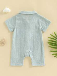 Mono de verano para bebé niño, camisa informal con textura a rayas, color liso, con botones y manga corta - Verde - Ver 7