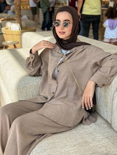 DAZY 女士西式度假沙滩纯色仿牛仔亚麻宽松休闲两件套，春季简约时尚家居服套装