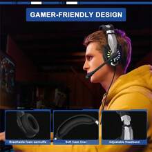 Gaming Headset, Surround Stereo Game Headphones With Noise Cancelling Mic, LED Lights & Soft Memory Earmuffs For PS Series, PC Computer Games - 黑色 - 查看 6