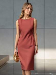 Women's Suit Dress Set, Elegant Minimalist Fashion Business Casual Mid-Length Dress & Blazer Two Pieces Suit - Brick Red - View 10