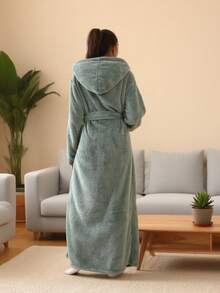 一件装基础款休闲连帽浴袍，带腰带，男女通用，雾蓝色 - 霧藍連帽 - 查看 2