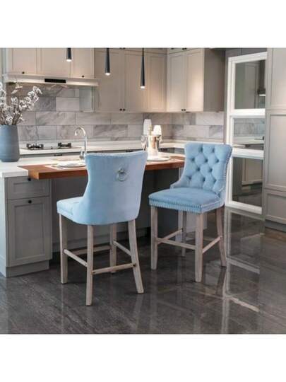 Moderne Fluwelen Upholstered Bar Stool Buttoned Suede Wooden Tafel Legs, Chrome Studded Head Chair, Stool, Set Of Two (Light Blue), DE2002LB view 8