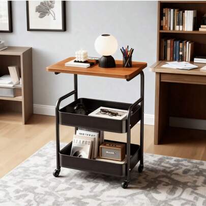 木质材质带滑轮三层置物架推车，带桌面 - 可移动，碳钢框架，家用、办公室、车间、厨房、浴室便携轮 - 节省空间的稳定底座储物车 - 非常适合零食、书籍、装饰 - 黑色/白色,紧凑设计，耐用结构，家厨房储物，组织/金属组织车带轮