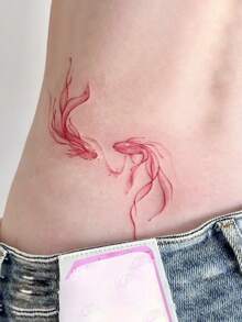 1 Buah Stiker Tato Sementara Realistis Motif Ikan Mas Merah Tinta yang Modis untuk Pinggang dan Tulang Selangka, Tahan Air dan Keringat, Cocok untuk Berbagai Ukuran Tubuh - MultiWarna - View 4