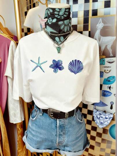 Women's Summer New Simple Shell & Starfish Print Casual Vacation Style Round Neck Apricot Short Sleeve T-Shirt, Fashionable Everyday Top, Suitable For Daily Vacation Wear. Women's White Print T-Shirt