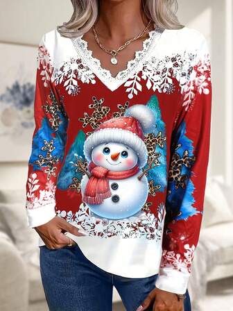 女式加大码圣诞雪人 3D 印花长袖 T 恤 - 休闲 V 领蕾丝花边，弹性涤纶混纺，可机洗