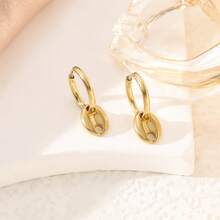 1对时尚优雅的法式金色不锈钢椭圆形双孔耳环，高端耳饰，适合女性佩戴。 - 橢圓形耳環 - 查看 7