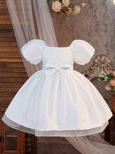 Young Girls' Solid Color Square Collar Sequin Bow Satin Elegant Flower Girl Dress For Wedding, Birthday Party, Formal Occasion, Excludes Headband