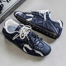 Zapatillas deportivas casuales de estilo retro de color azul y beige con diseño de bloques de color, puntera redonda con cordones, zapatos tipo mocasín para uso unisex - Azul - Ver 16