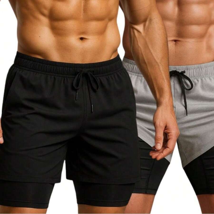 Kit Of 2 Men's UV DryFit Athletic Shorts For Gym, Training, And Running - KIT 2 Black Gray - View 1