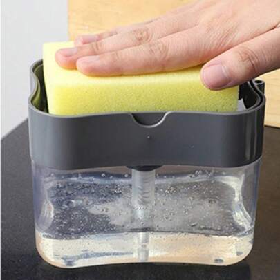 1 件二合一皂液器和海绵架组合，耐用塑料厨房皂液器带海绵架，无需电池，适用于浴室、客厅、汽车和厨房 - 大容量，单手操作，灰色，含滴水盘和盒子，保持台面整洁，厨房清洁工具，颜色/设计随机