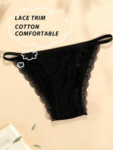 Ropa Interior Femenina Sólida De Color Con Encaje En Forma De Triángulo Y Adornos - Negro - Ver 2