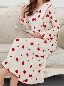 1pc Women Heart Pattern Random Print V-Neck Lace Patchwork Long Sleeve Long Dress Loungewear Set, Spring/Autumn - Multicolor - View 6