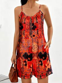Women's Sleeveless All-Over Print Jumpsuit, Suitable For Summer Vacation - Orange - View 8