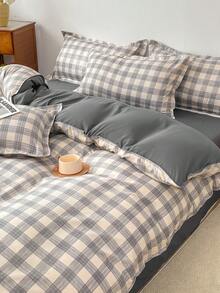 4pcs Grey Plaid Bedding Set (1 Duvet Cover, 2 Pillowcases, 1 Flat Sheet), Modern Elegant Style, Skin-Friendly Comfortable, Suitable For Twin/Full/Queen Beds, All Seasons