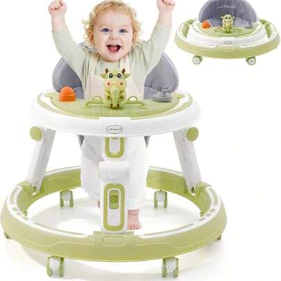 3-in-1 Baby Walker, Height Adjustable and Foldable, Anti-Rollove Walker with 7-Way Height Adjustable, Walker Baby from 6 Months with Quiet 360° Wheels, Dining Tray and Play Centre