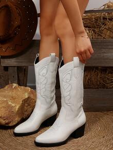 FVPFVP 2024 Autumn New Genuine Leather Pointed Toe Cowboy Boots, Retro Western Style Knee-High Boots For Women - White - View 5