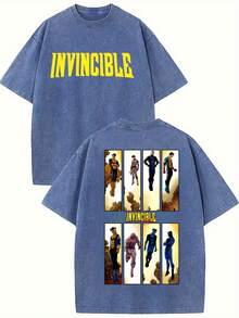 Men's Invincible Comics Graphic T-Shirt - Casual Short-Sleeve Superhero Fan Top With "INVINCIBLE" Print, Desert Vibes Design, Machine Washable, Perfect For Cosplay & Casual Attire, Everyday Tshirt| Regular Fit Shirt| Easycare Fabric, Comic Book - 寶藍色 - 查看 12