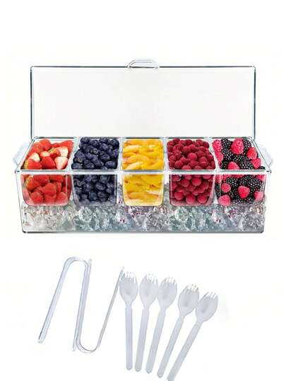 5-Compartment Salad Tray - (5 Forks, 5 Small Salad Cups, 2 Tongs, 1 Base With Lid) Total 13-Piece Transparent Plastic Condiment Server Set With Lid, Suitable For Home, Bar, Party, Barbecue - Fruit Container Fresh Box With Removable Parts - Kitchen Entertainment Essential